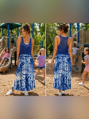 Aruba Blue Sleeveless Maxi Dress in Blue & White